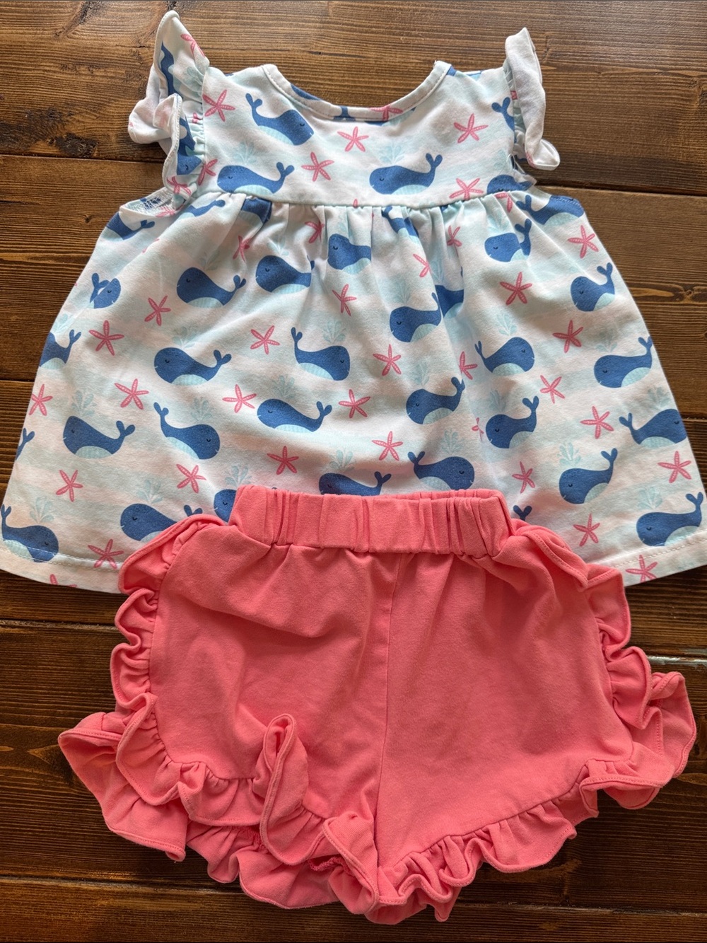 Stitchy Fish 18m Whale Print Top and Pink Ruffle Shorts Set